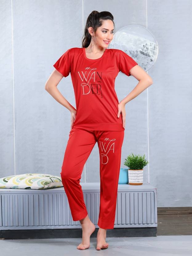 ZAIRRA Women Night Suit Set Red Printed