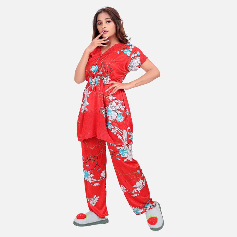 ZAIRRA Women Night Suit Set Red Printed