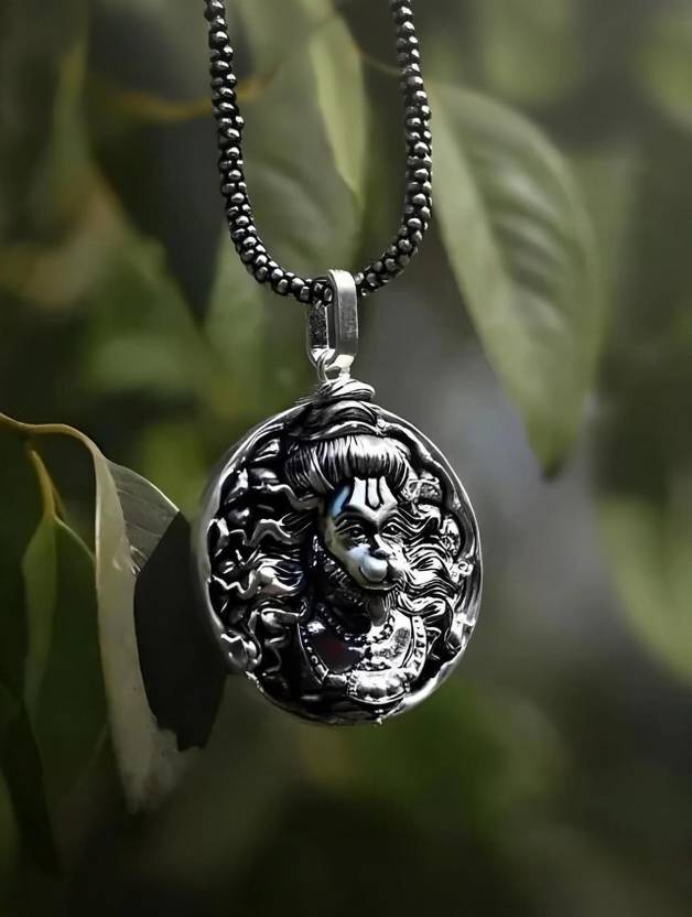 JS Enterprises Bajrang Bali Hanuman Ji Pendant Oxidised Silver Chain For Men With Box Chain Rhodium Stainless Steel Locket