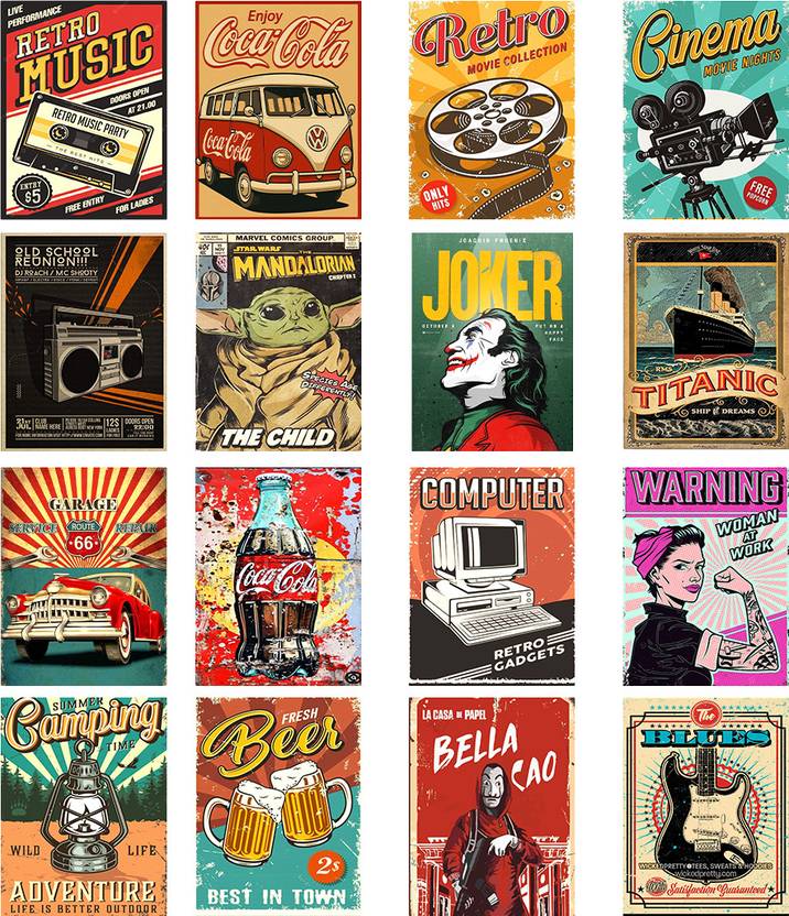 Vintage Retro Wall Posters | Decorative Classic Art Prints | Home & Café Wall Décor (Set of 16) poster Paper Print