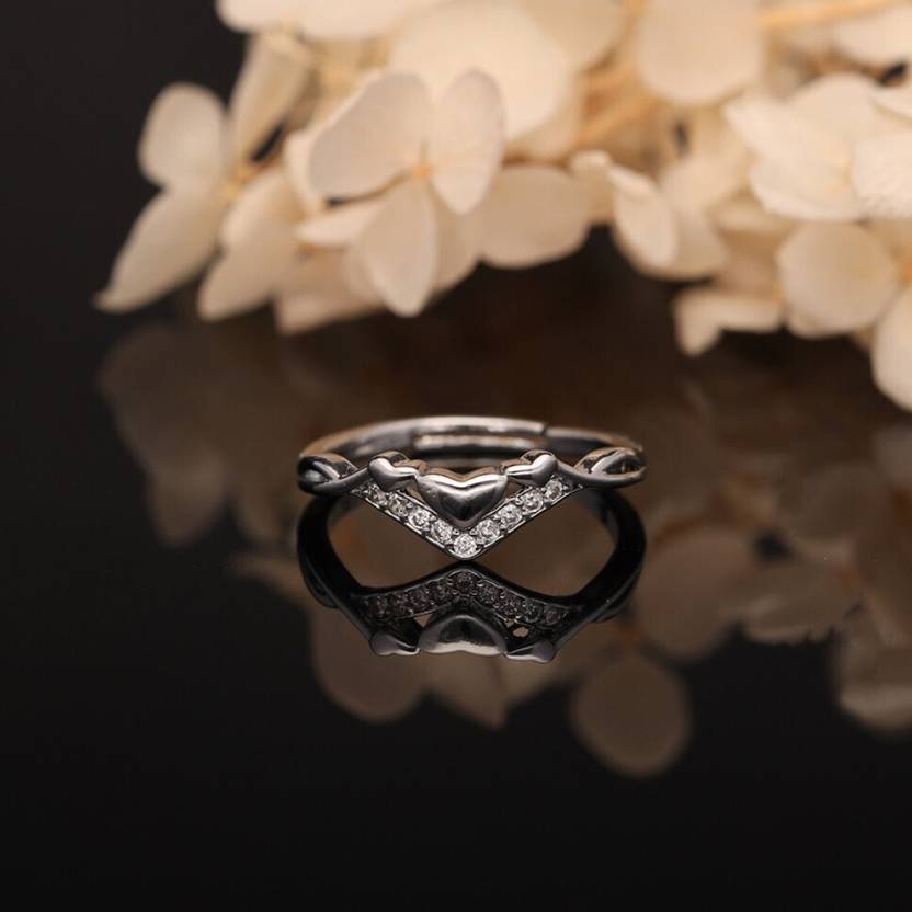 ANOUK Silver Plated American Diamond Adjustable Finger Ring for Women and Girls Brass Diamond Silver Plated Ring