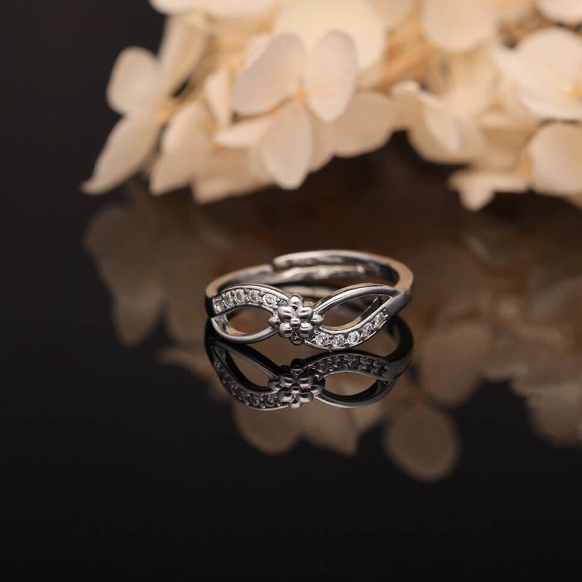 ANOUK Silver Plated American Diamond Adjustable Finger Ring for Women and Girls Brass Diamond Silver Plated Ring