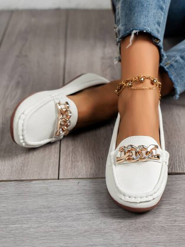Stylish Comfortable Upper Buckle Detailed Loafers For Girls Loafers For Women  (White)
