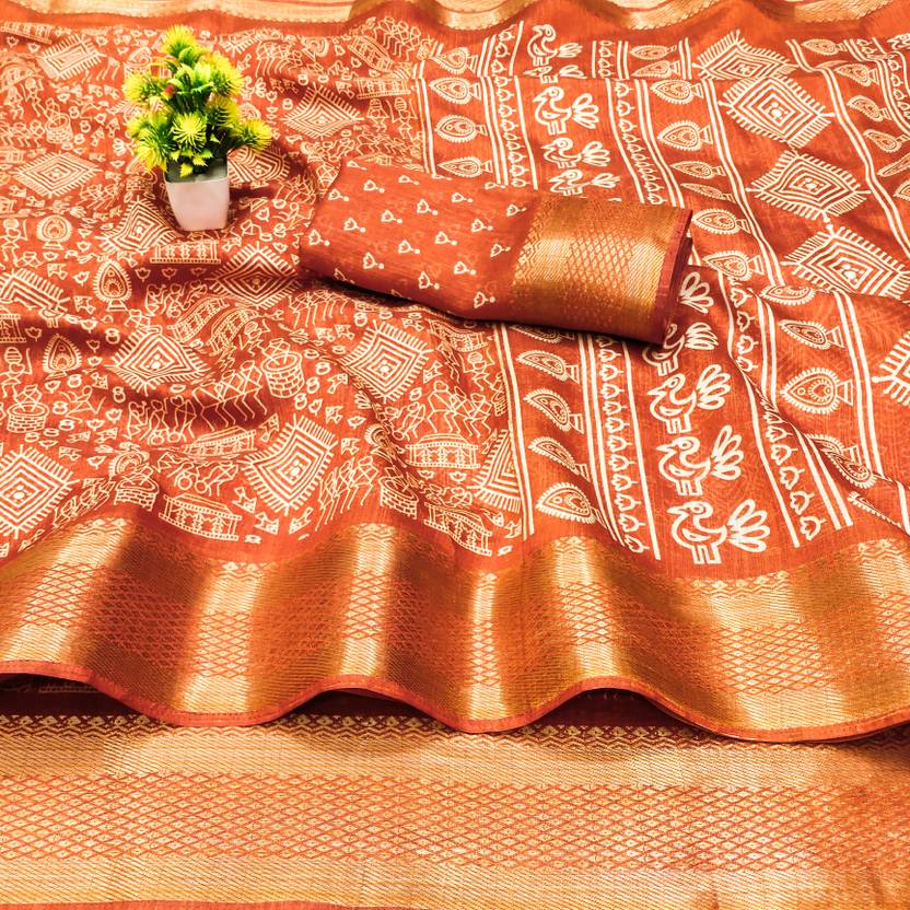 Hema Silk Mills Printed Bandhani Cotton Silk Saree (Orange)