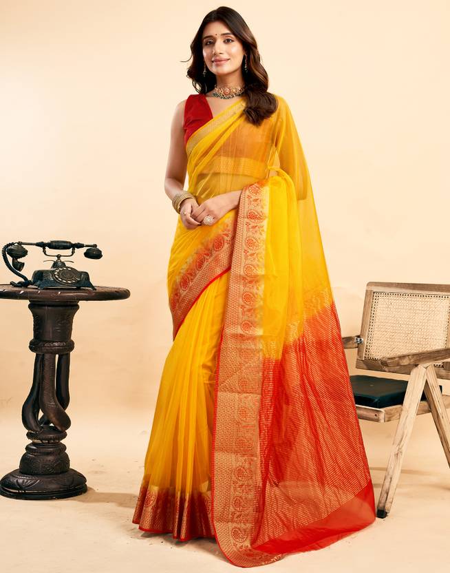Samah Embellished, Striped, Woven Banarasi Organza Saree (Yellow, Red)