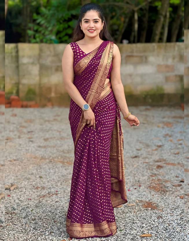 Samah Woven, Embellished Banarasi Silk Blend, Jacquard Saree (Purple)