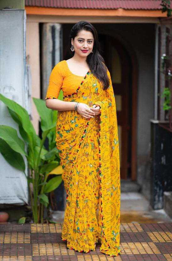 GRIVA Printed, Digital Print, Self Design Bollywood Georgette, Pure Silk Saree (Yellow)