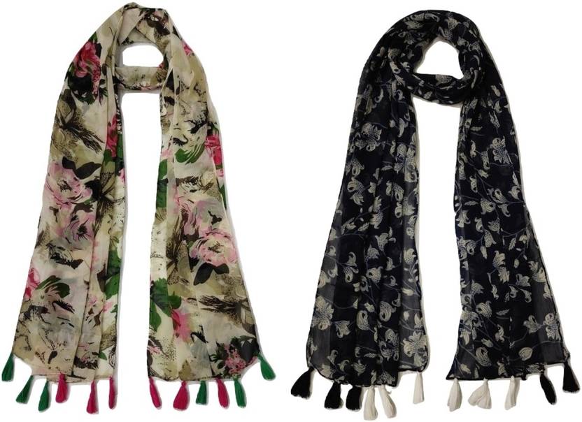 StoleVilla Printed Chiffon Women Black Scarf, Stole, Fancy Scarf