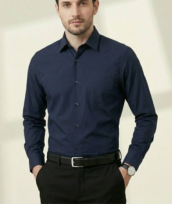 AntlersGuild Men Solid Formal Dark Blue Shirt