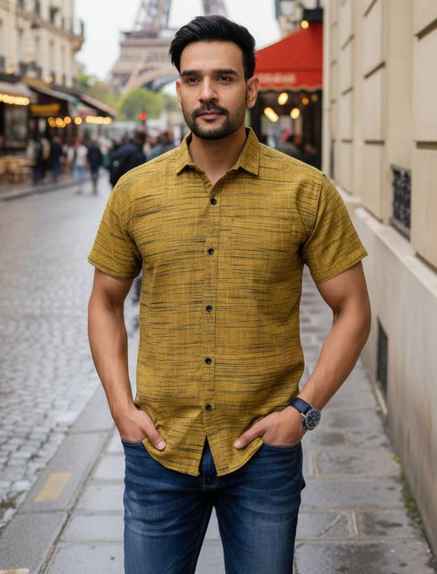AuzaSho Collection Men Self Design Casual Yellow Shirt