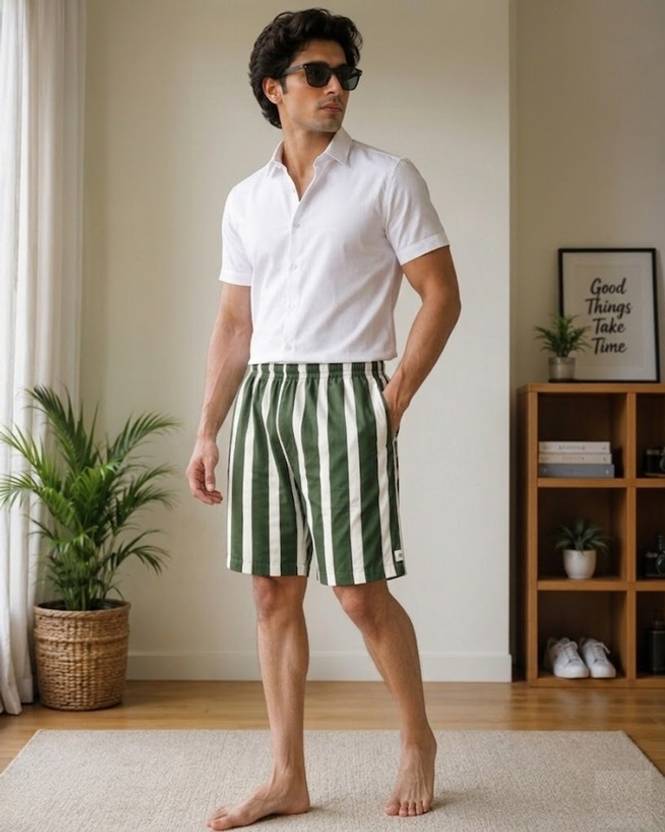 bulldozerbaba Striped Men Green, White Casual Shorts