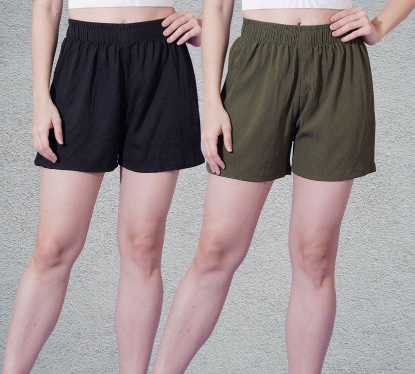 Kintu Parantu Pack of 2 Solid Women Black, Green Regular Shorts