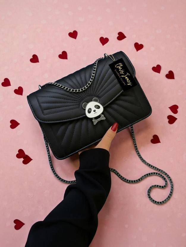 clarisjames Black Sling Bag PU leather crossbody chain handle casual Black slingbag women