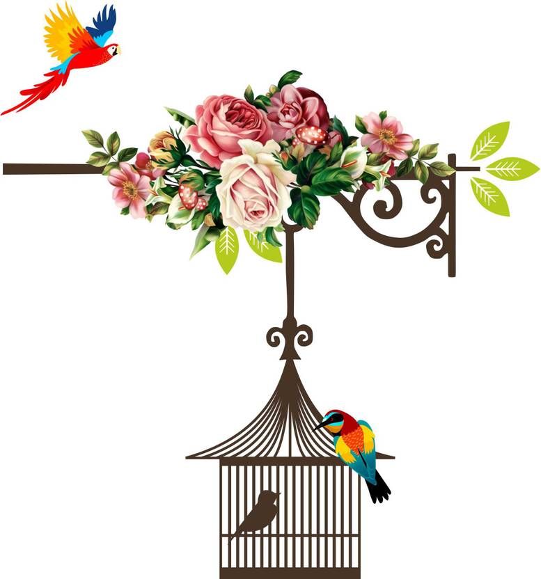 Azan Creation 55.88 cm Flower branch and cage Wall Sticker for Bedroom Size - 55X58 CM Self Adhesive Sticker