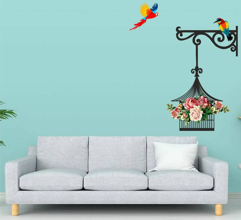 Azan Creation 55.88 cm Flower branch and cage Wall Sticker for Bedroom Size - 55X66 CM Self Adhesive Sticker
