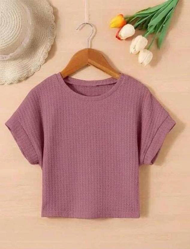 2013 USK COLLECTION Women Solid Round Neck Cotton Blend Pink T-Shirt