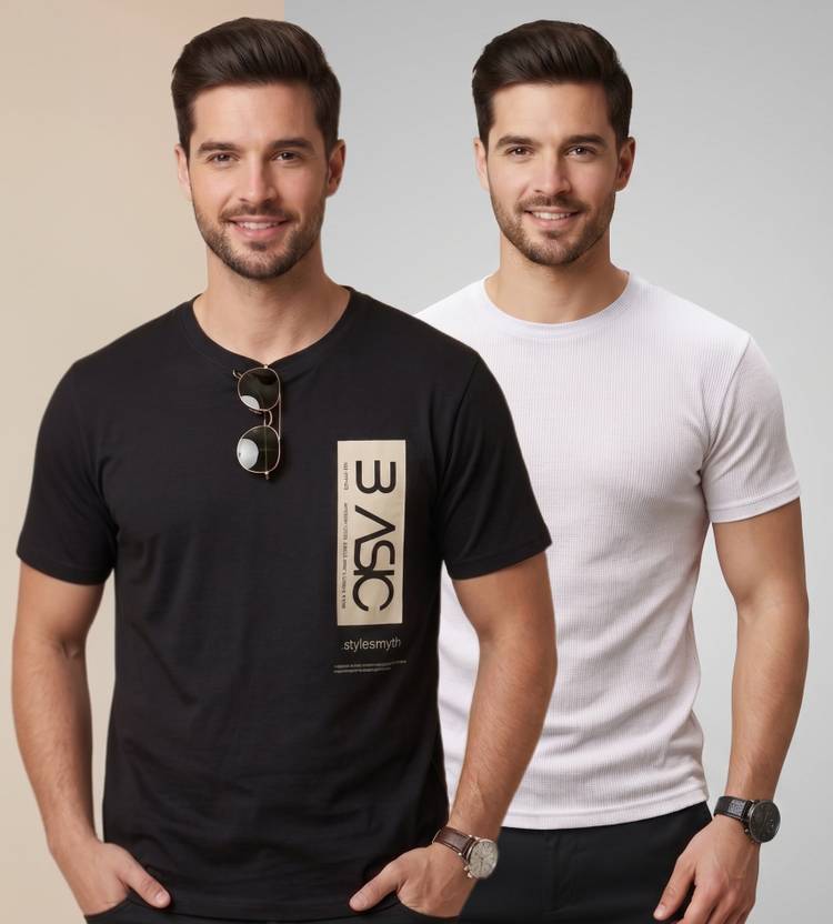 stylesmyth Pack of 2 Men Printed, Self Design Round Neck Polyester Multicolor T-Shirt