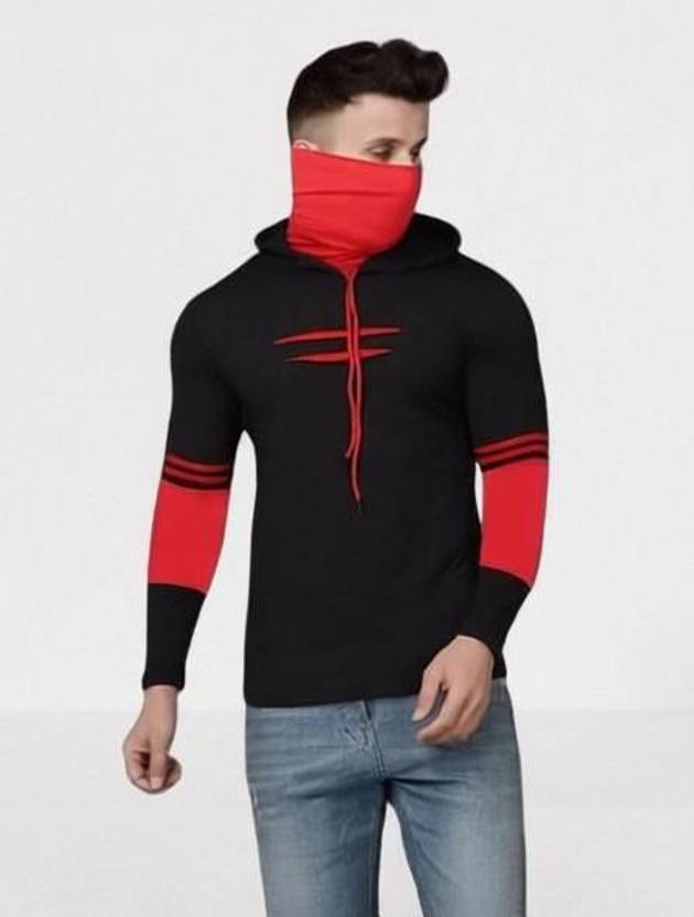 CALOYA Colorblock Men Hooded Neck Red, Black T-Shirt