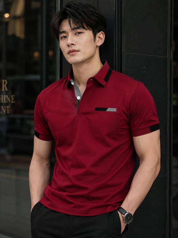 AKWINGS Solid Men Polo Neck Maroon T-Shirt