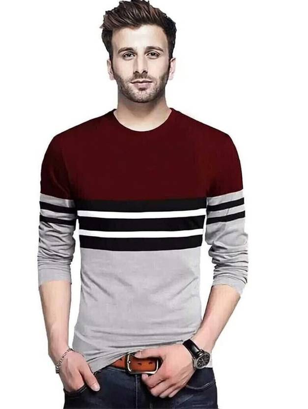 Wrodss Striped Men Round Neck Maroon T-Shirt