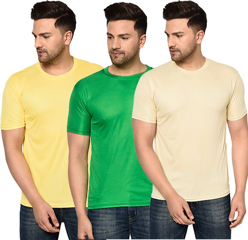 ACENTEO Solid Men Round Neck Green, Yellow T-Shirt