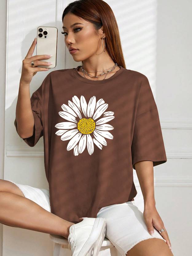 SZN Printed Women Round Neck Brown T-Shirt