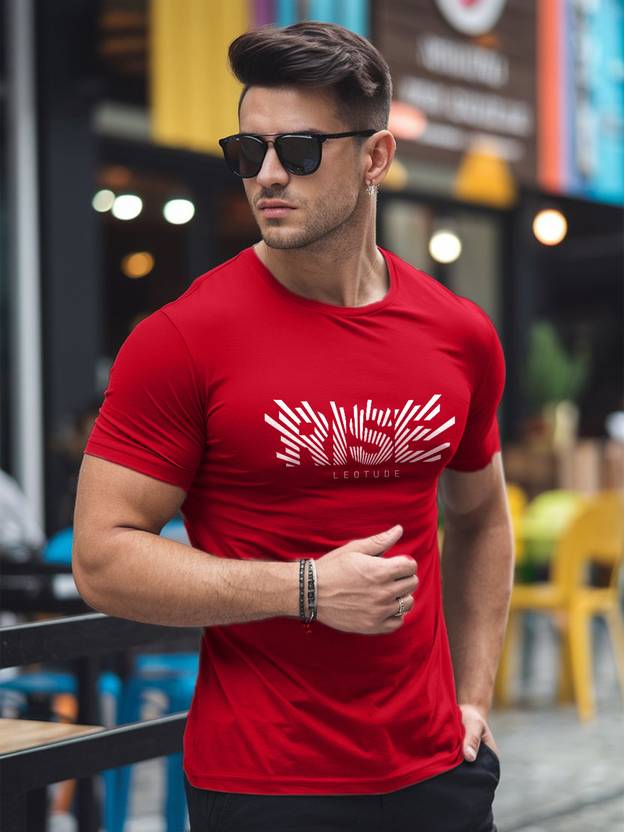 Leotude Men Printed Round Neck Cotton Blend Red T-Shirt