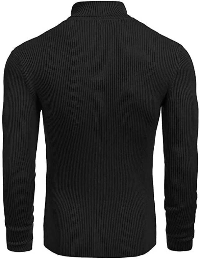 Men Striped High Neck Black Sweater