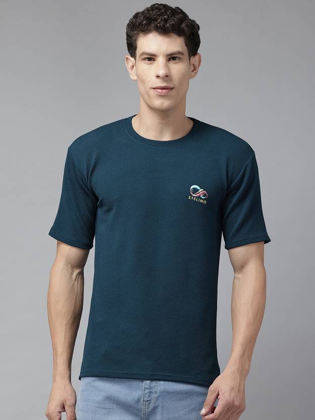 MUUNKEY Men Self Design Round Neck Cotton Blend Dark Blue T-Shirt