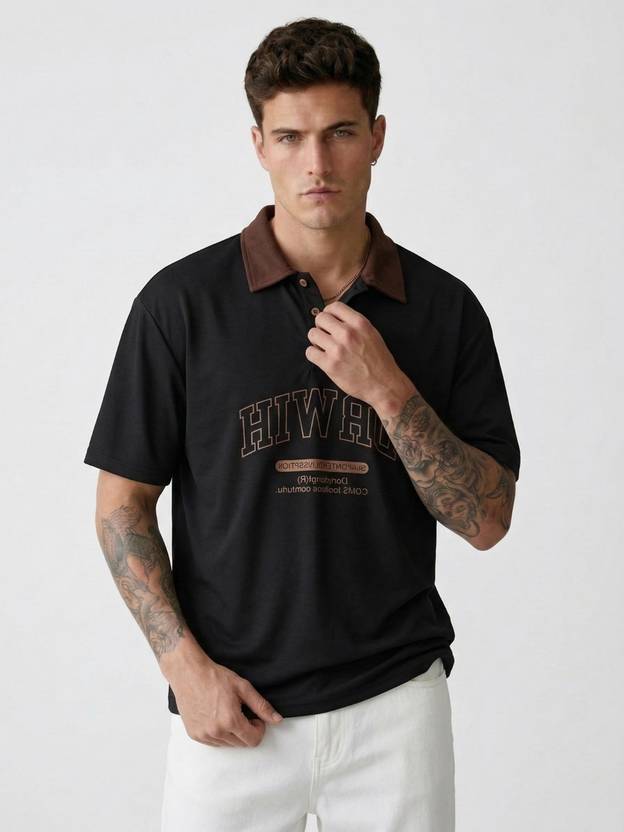 CLUB 44 Men Printed Polo Neck Polyester Black T-Shirt