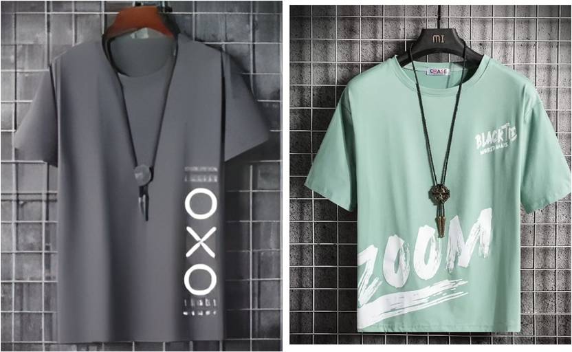 Meetri Printed Men Round Neck Grey, Light Green T-Shirt
