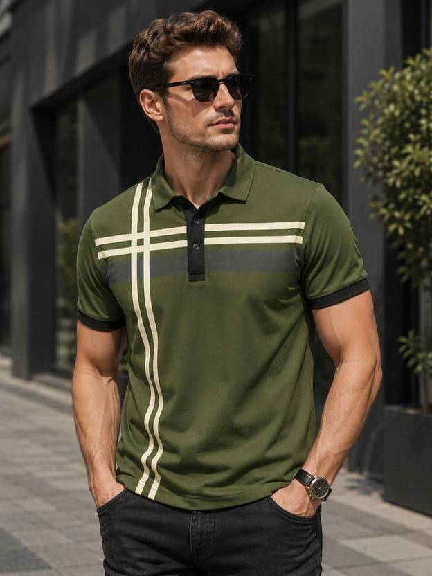 AKWINGS Striped Men Polo Neck Green T-Shirt