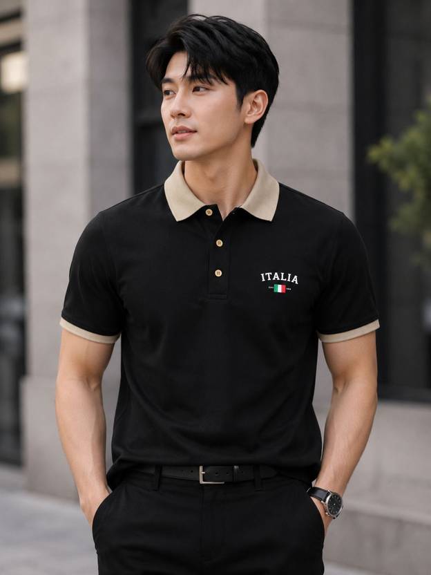 AKWINGS Solid Men Polo Neck Black T-Shirt