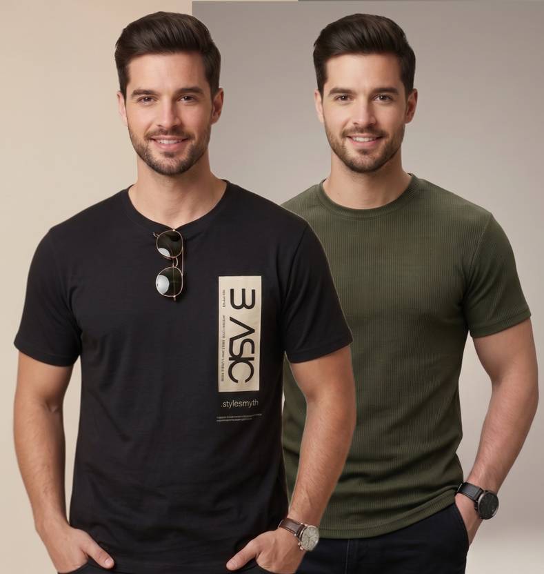 stylesmyth Men Printed, Self Design Round Neck Polyester Multicolor T-Shirt