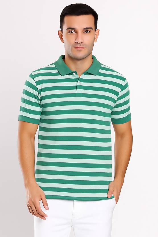Bhadawar Creations Striped Men Polo Neck Green T-Shirt
