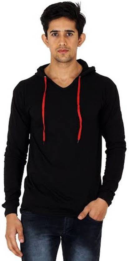 Wrodss Men Military Camouflage, Solid Hooded Neck Cotton Blend Black T-Shirt