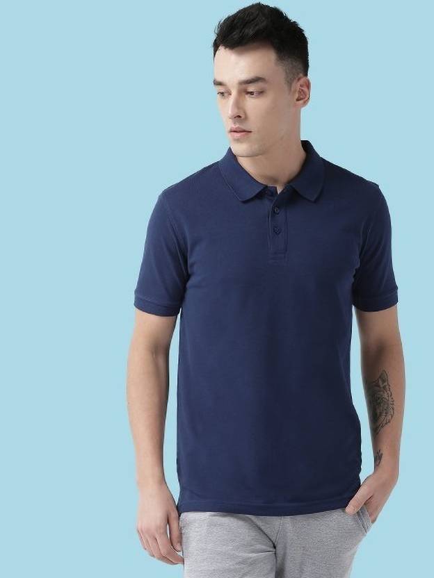 ACENTEO Solid Men Polo Neck Navy Blue T-Shirt