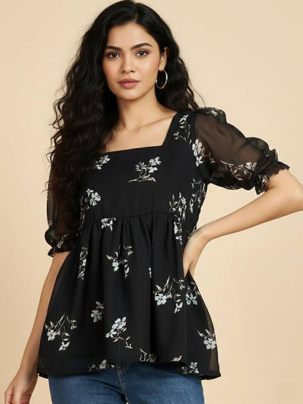 ZWERLON Casual Puff Sleeves Printed Women Black Top