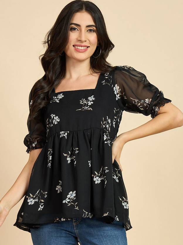 LookShine Casual Puff Sleeves Printed Women Black Top