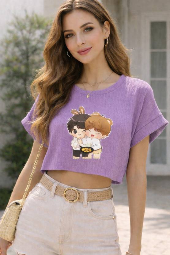 2013 USK COLLECTION Women Printed Round Neck Cotton Blend Purple T-Shirt