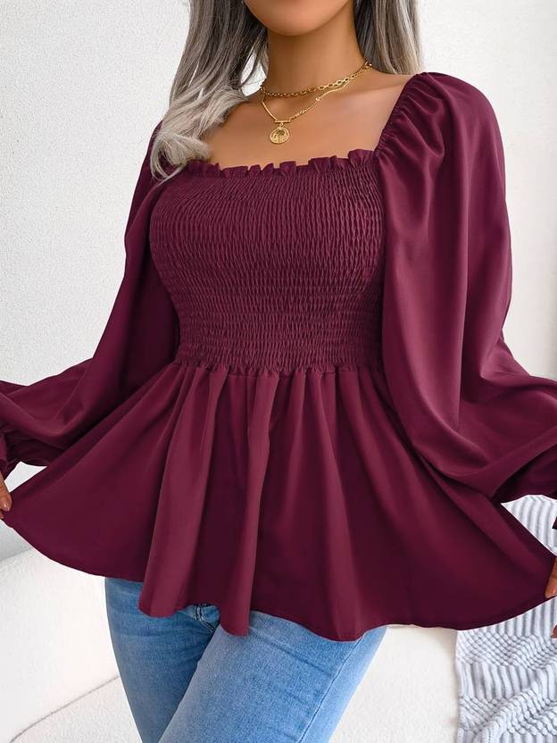 LuxeStyle Casual Puff Sleeves Self Design Women Maroon Top