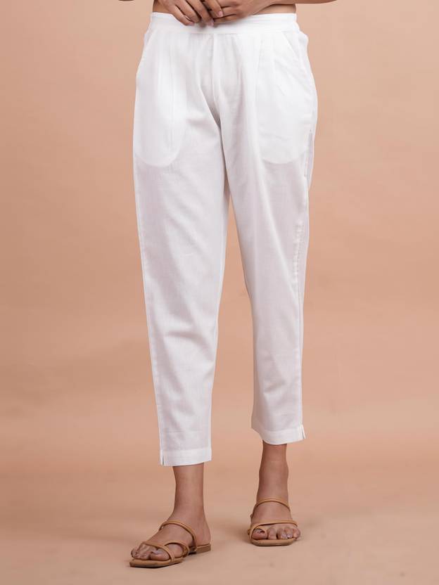 AlkaCreation Women Loose Fit White Cotton Blend Trousers
