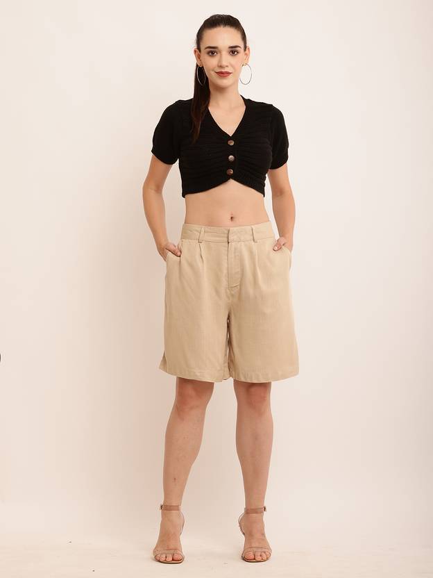 Nobarr Solid Women Beige Casual Shorts