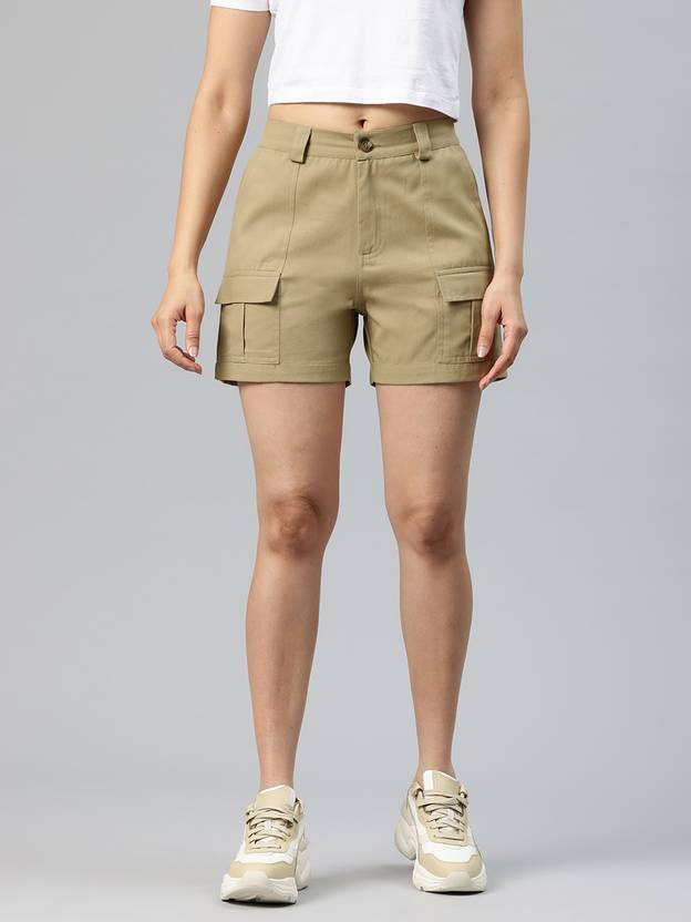 Popnetic Solid Women Beige Cargo Shorts