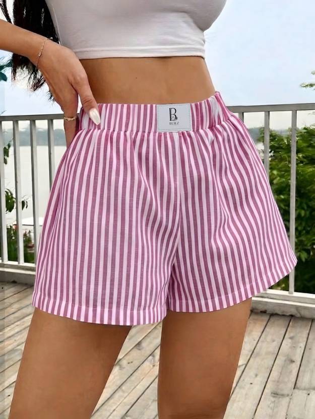 Bliez Striped Women Pink Casual Shorts