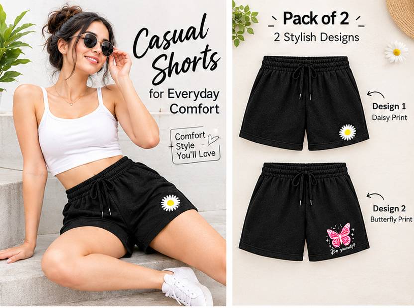 Aanvikurti Pack of 2 Printed Women Black Regular Shorts