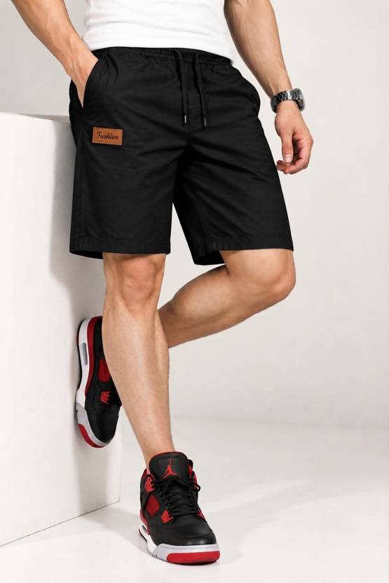 AMOBEE Solid Men Black Casual Shorts