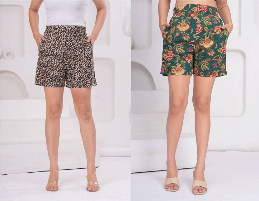 Aanvikurti Printed Women Green, Brown Regular Shorts