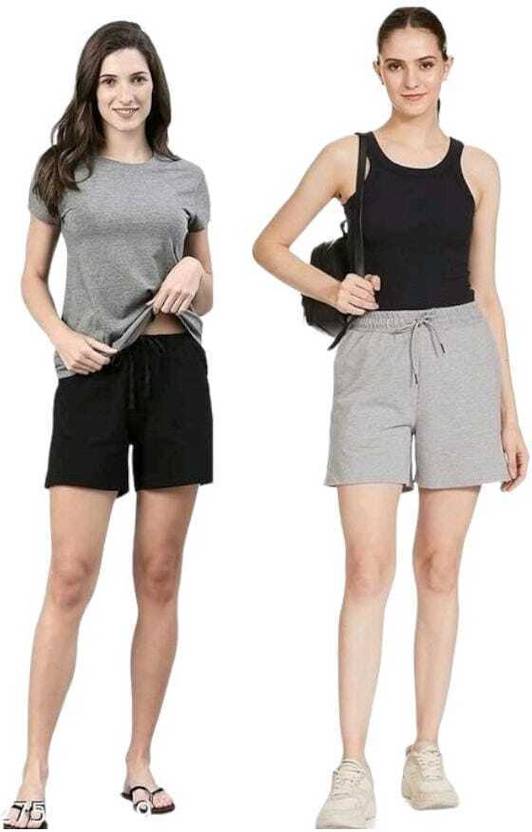 toystshirt Pack of 2 Solid Women Black, Grey Regular Shorts