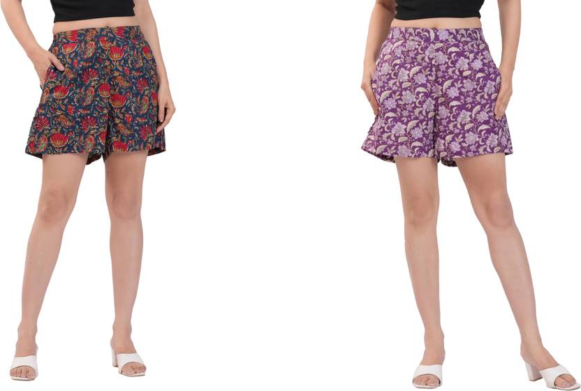 Aanvikurti Pack of 2 Printed Women Purple, Dark Blue Regular Shorts